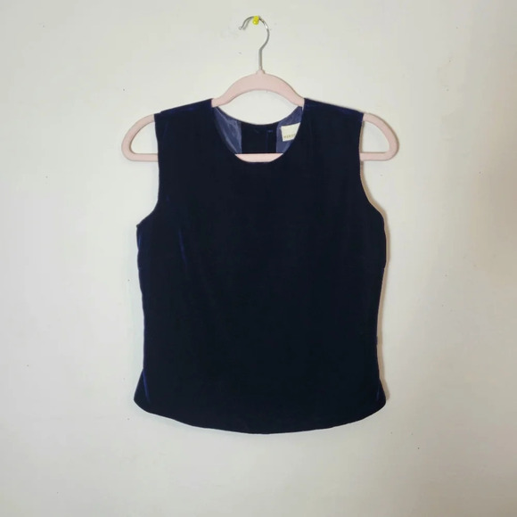 Vintage Merona XS Top Navy Blue Velvet Silk Button Up Back Pleating Oversized - Picture 1 of 6